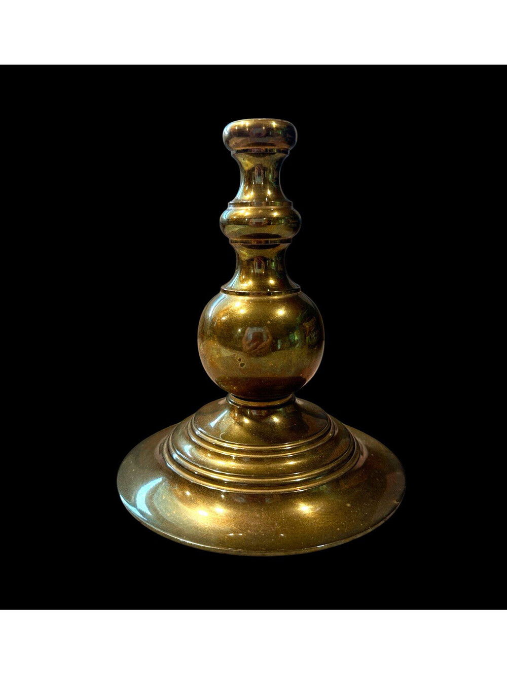 Brass Candle Holder, Round Base Gold Tone, Marked Made in Hong Kong